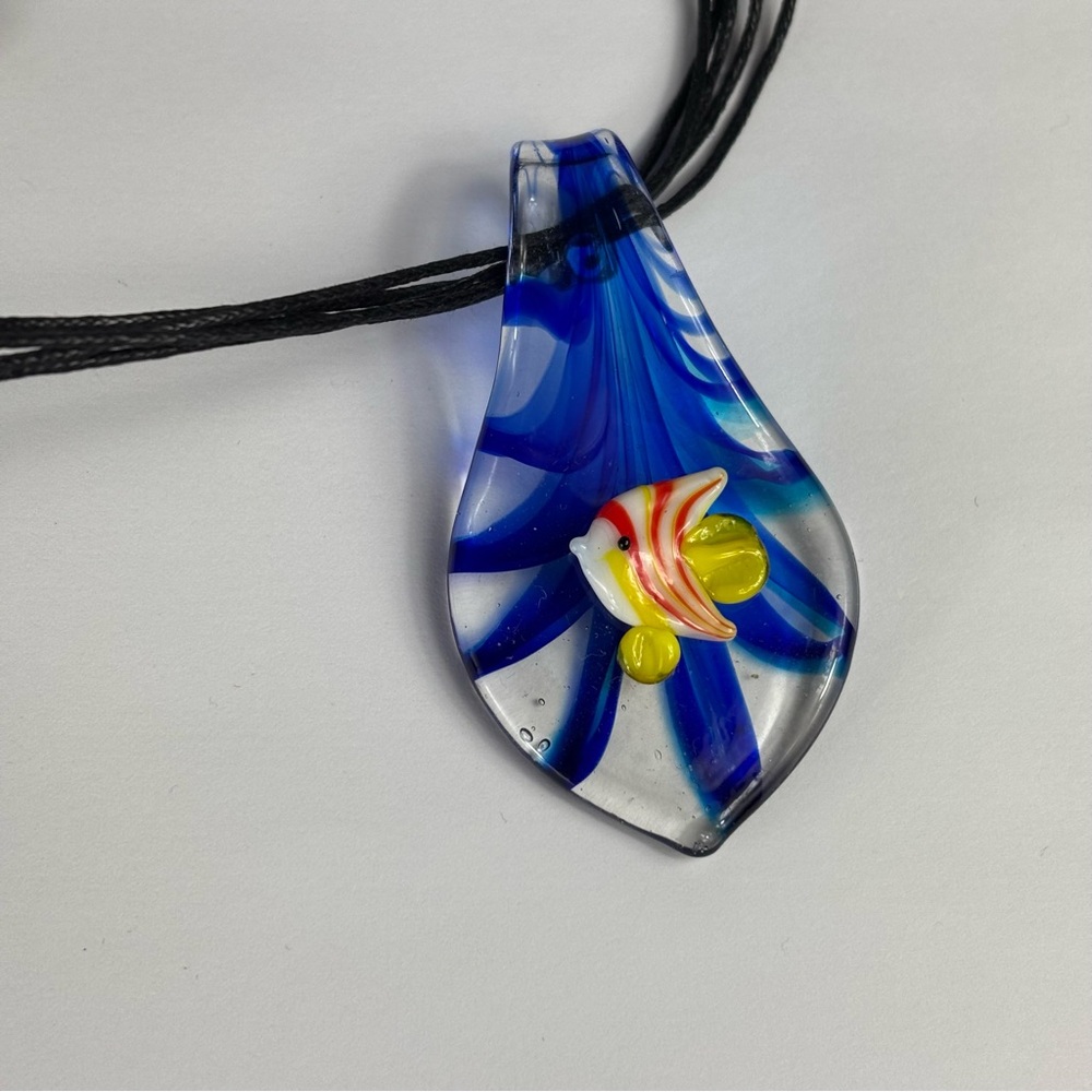 Tropical Fishbowl Glass Art Pendant Necklace Fun Colorful Abstract Beachy Fish